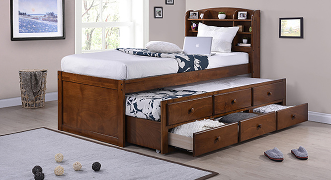 Ateneo Storage Headboard Single Bed With Trundle And Storage(Polished cherry)
